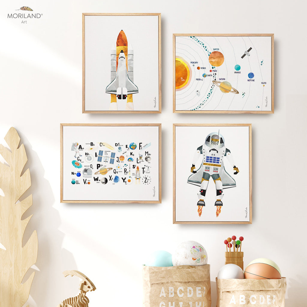 Educational Space Wall Art - Framed Canvas Prints - Set of 4 - Outer Space Theme Bedroom, Galaxy Art, Natural Wood Frame, Toddler Room Decor, Bedroom Wall Art, Soccer Print, Fantasy, Space Girls Room Wall Art, Big Boy Room Decor, Kids Poster by MORILAND