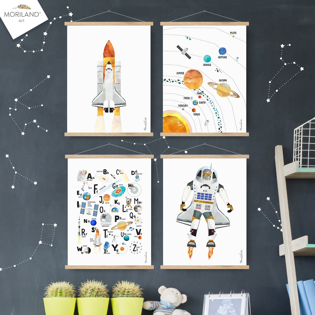 Solar System Print, Space Wall Decor, Space Alphabet, ABC, A-Z, Galaxy Birthday, Outer Space Decor, Space Boy Bedroom Print, Space Shuttle, Spaceship, Educational Wall Art, Kids Poster, Preschool Posters, Printable Decor, Classroom Poster, Space Robot | MORILAND Art 