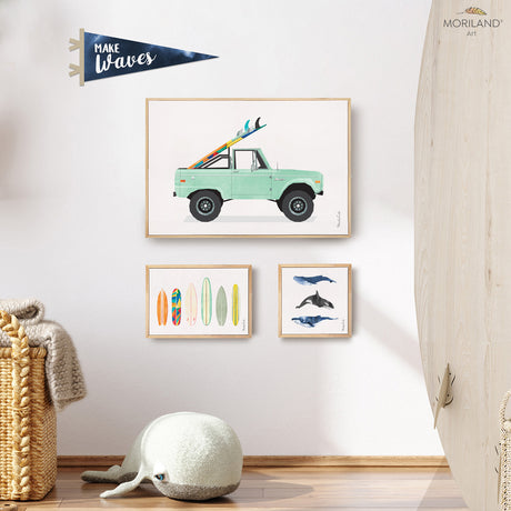 Surf Art - Truck, Surfboards & Whales - Framed Canvas Prints - Set of 3 - LAND107, Car Print, Surf Bedroom Art, Humpback Print, Vintage Car Print, Truck Print, Bedroom Wall Art, Surfboard Wall Art, Surf Art, Transportation Decor, Boy and Girl Shared Bedroom Decor, Classic Car Wall Art, Classic Car Wall Art, Kids Poster by MORILAND