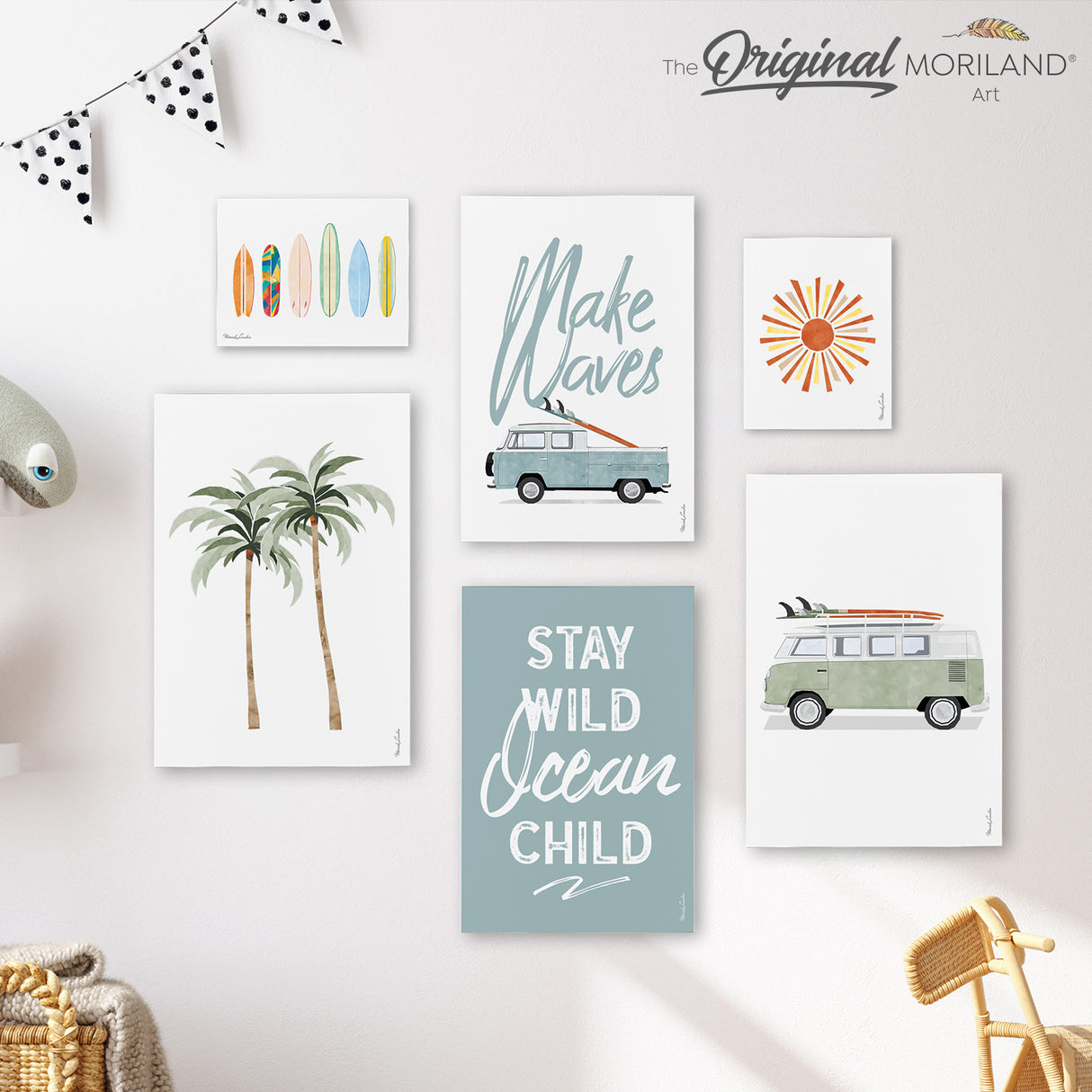 Surf Wall Art, Van, Sun, Palm Trees, Make Waves, Stay Wild Ocean Child Quote & Surfboards - Canvas Prints - Set of 6 - LAND125 - MORILAND®