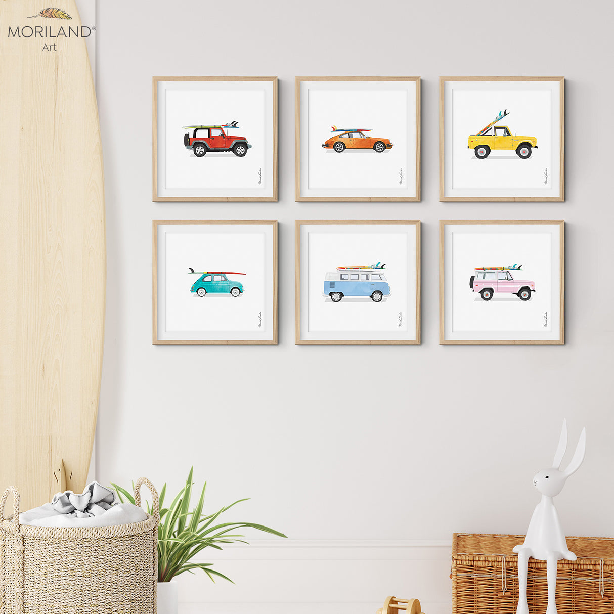 Cars with Surfboards - Printable Set of 6,  Baby Blue Van Print, Classic Car Art, Vintage Surf Printable, Vehicle Wall Art, Vintage Car with Surfboard, Surf Bedroom Print, Bus Art, Surfboard, Nautical Poster, Transportation Art, Coastal Bedroom Art, Kids Poster