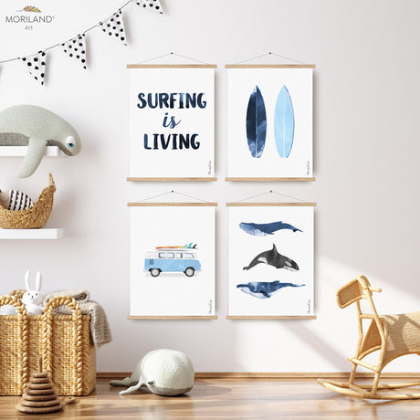 Surf Prints Set, Whales Watercolor Art, Van Print, Classic Car Art, Vintage Surf Printable, Vehicle Wall Art, Vintage Car with Surfboard, Humpback Whale, Surf Bedroom Print, Bus Art, Surfboard, Nautical Poster, Transportation Art, Coastal Bedroom Art, Kids Poster by MORILAND