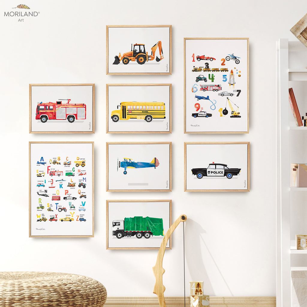 transportation alphabet numbers and vehicles, fire truck, digger, school bus, plane, garbage truck, police car wall art