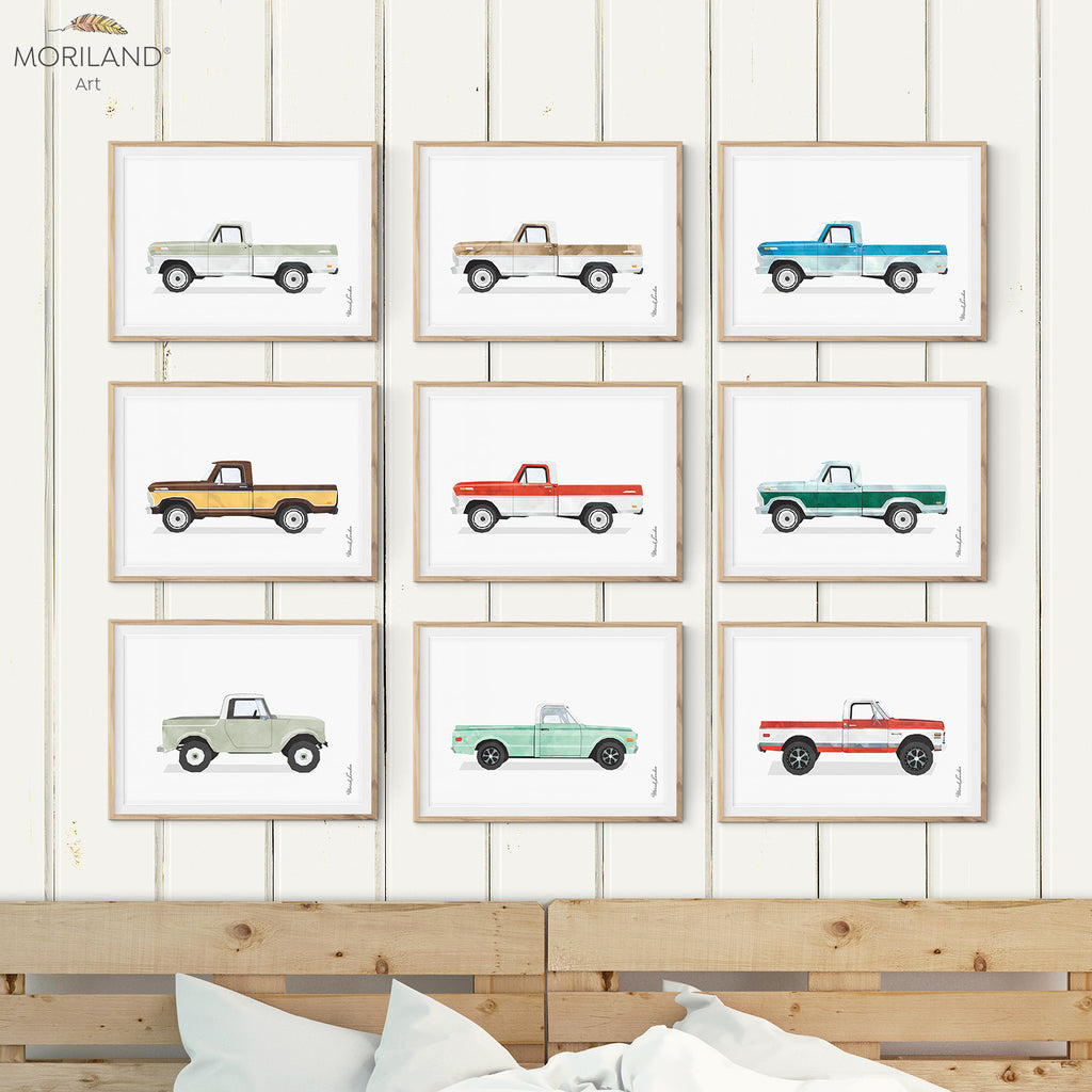 vintage truck watercolor art for kids bedroom and playroom wall decor, printable
