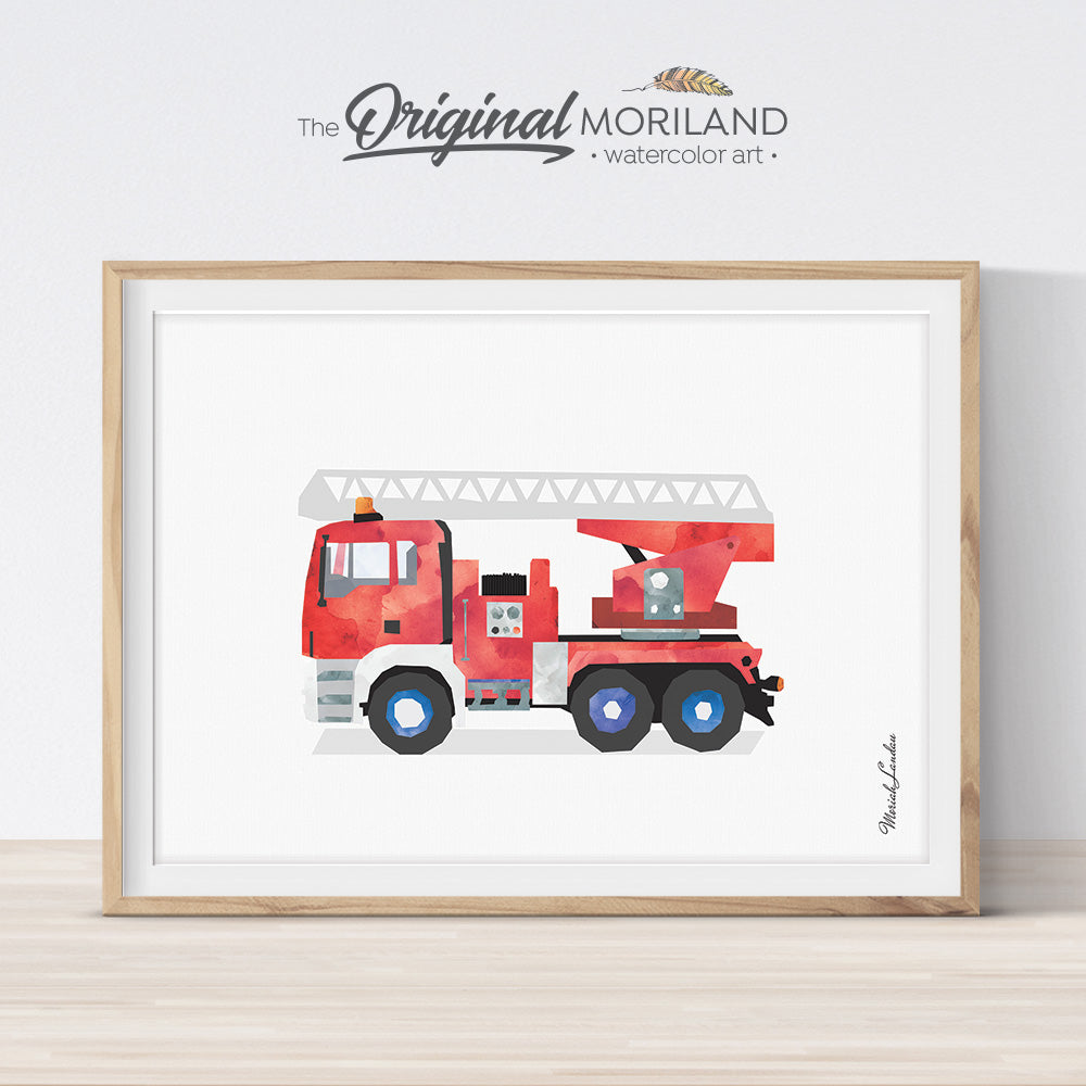 fire truck watercolor wall art print for boy room and nursery decor