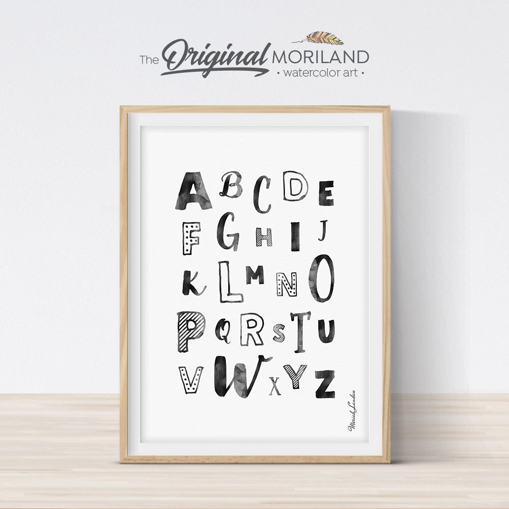 black and white watercolor alphabet wall art print for kids room decor