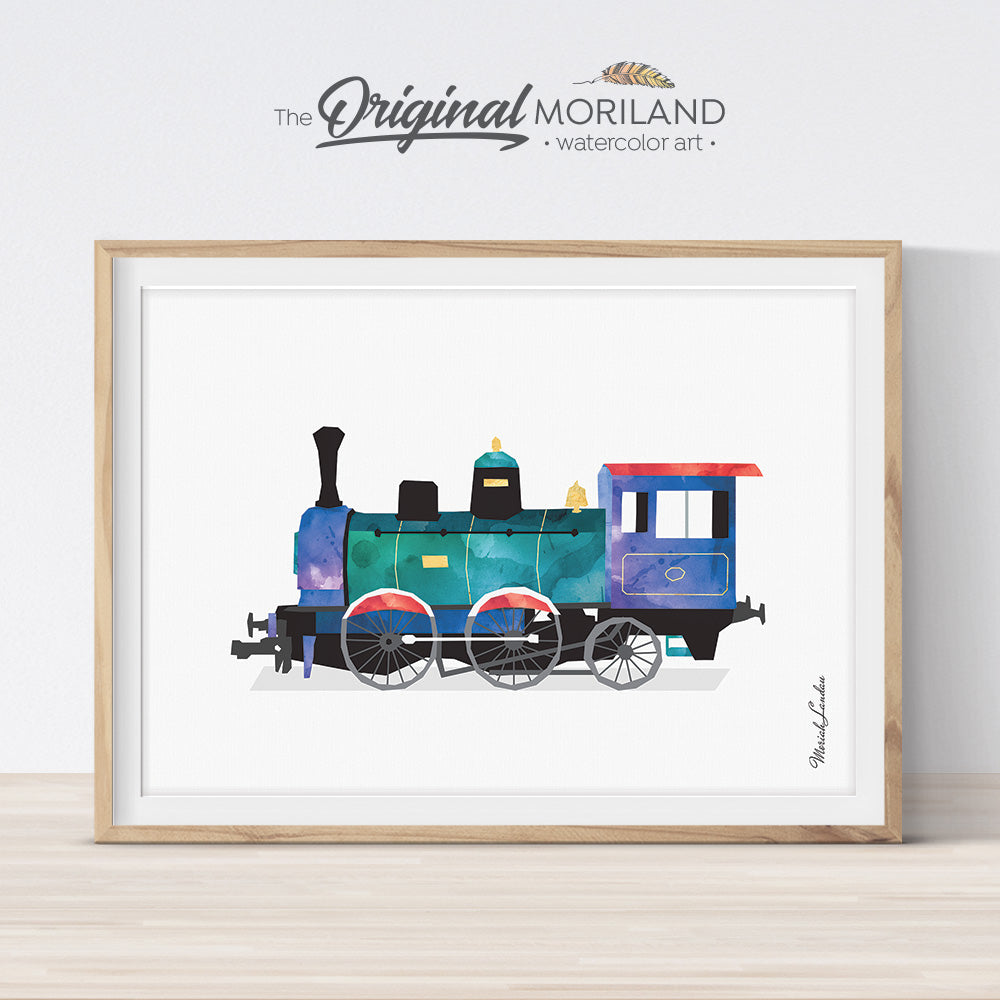 watercolor old train wall art print for boy room decor by MORILAND