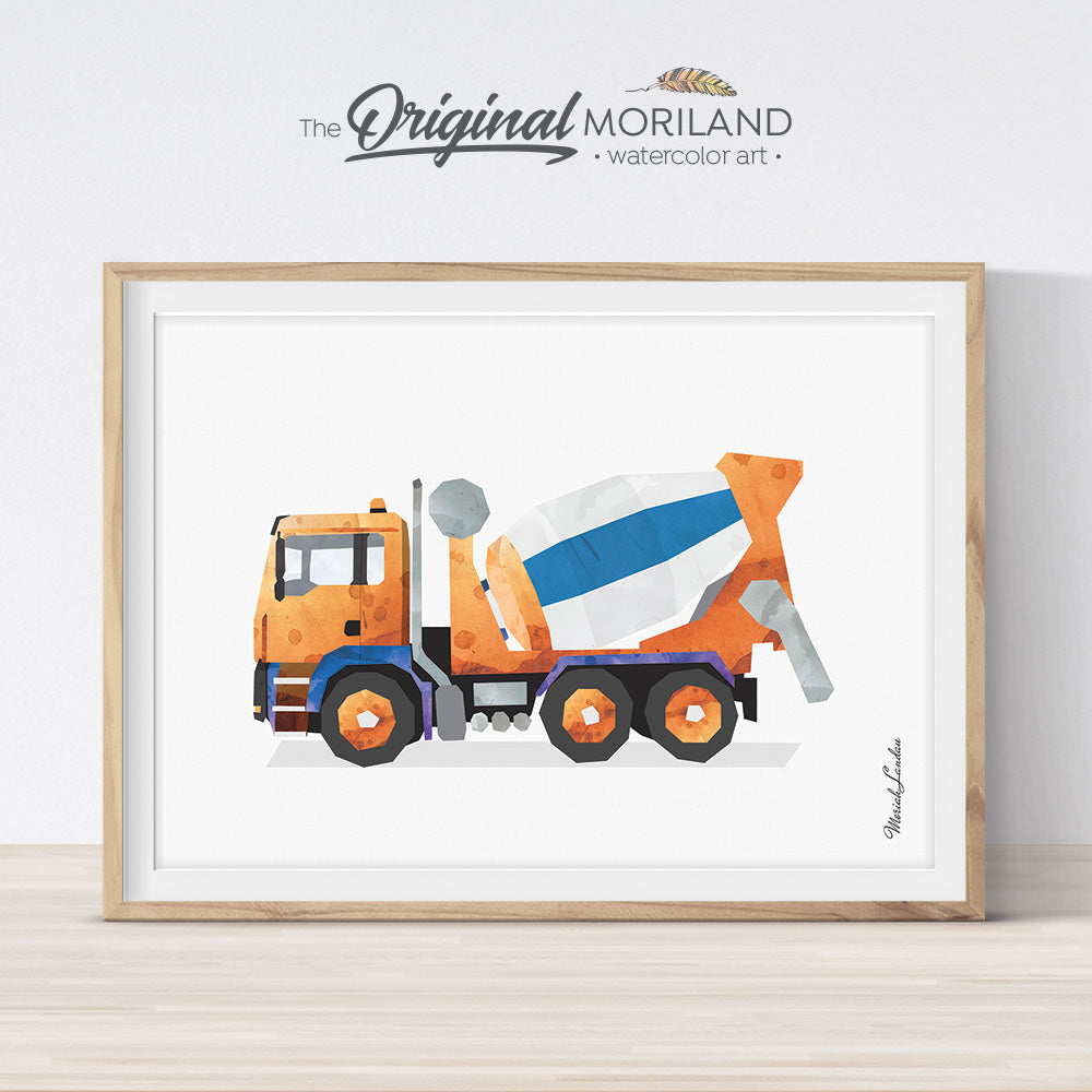 cement mixer watercolor wall art print for boy room and nursery decor