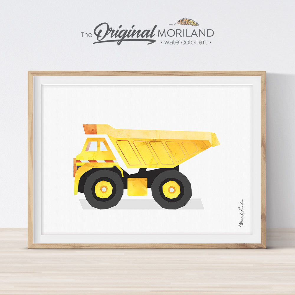 Dump truck watercolor wall art print for boy room and nursery decor