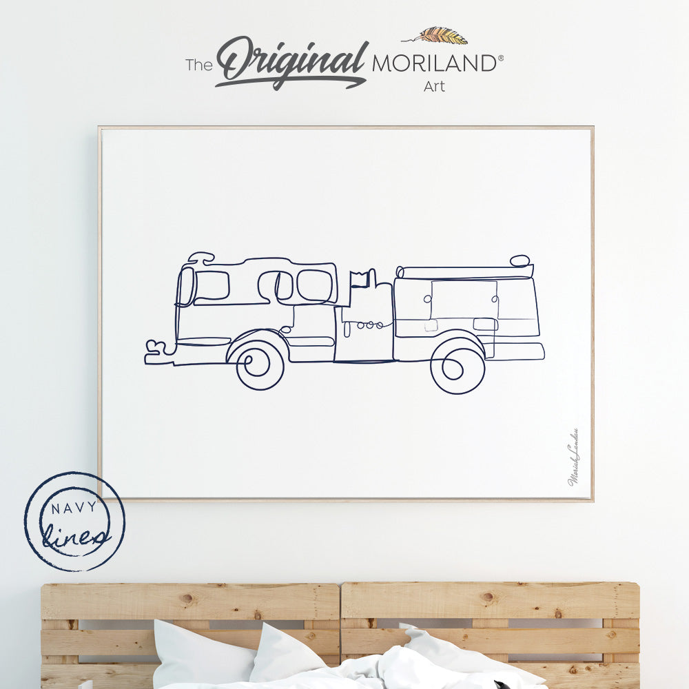 One-Line Drawing Navy Fire Truck Print - Printable Art