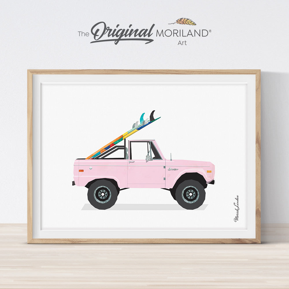 watercolor pink bronco truck with surfboards, surf wall art decor for girls nursery