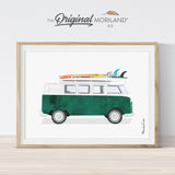 Dark Green Van Print, Classic Car Art, Vintage Surf Printable, Vehicle Wall Art, Surf Art, Surfboard, Nursery Prints, Coastal Bedroom Art