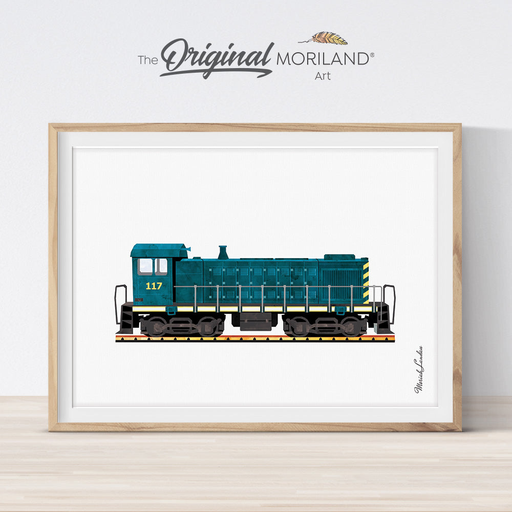 Dark Green Diesel Locomotive Print - Printable Art train for kids room decor
