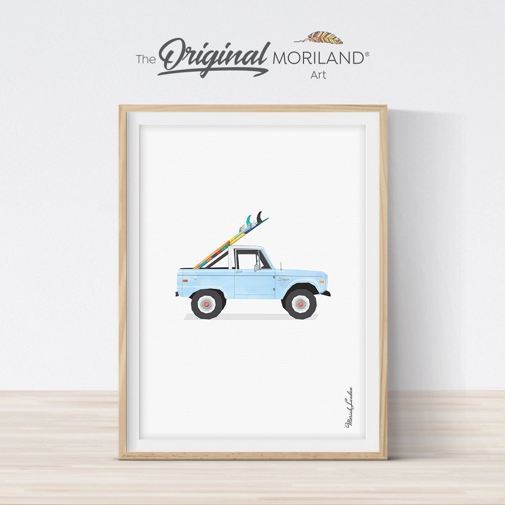 Baby Blue Bronco Truck with Surfboards Print | Vertical  Vintage Car Printable, Bedroom Wall Art, Surfboard Wall Art, Surf Decor, MORILAND®