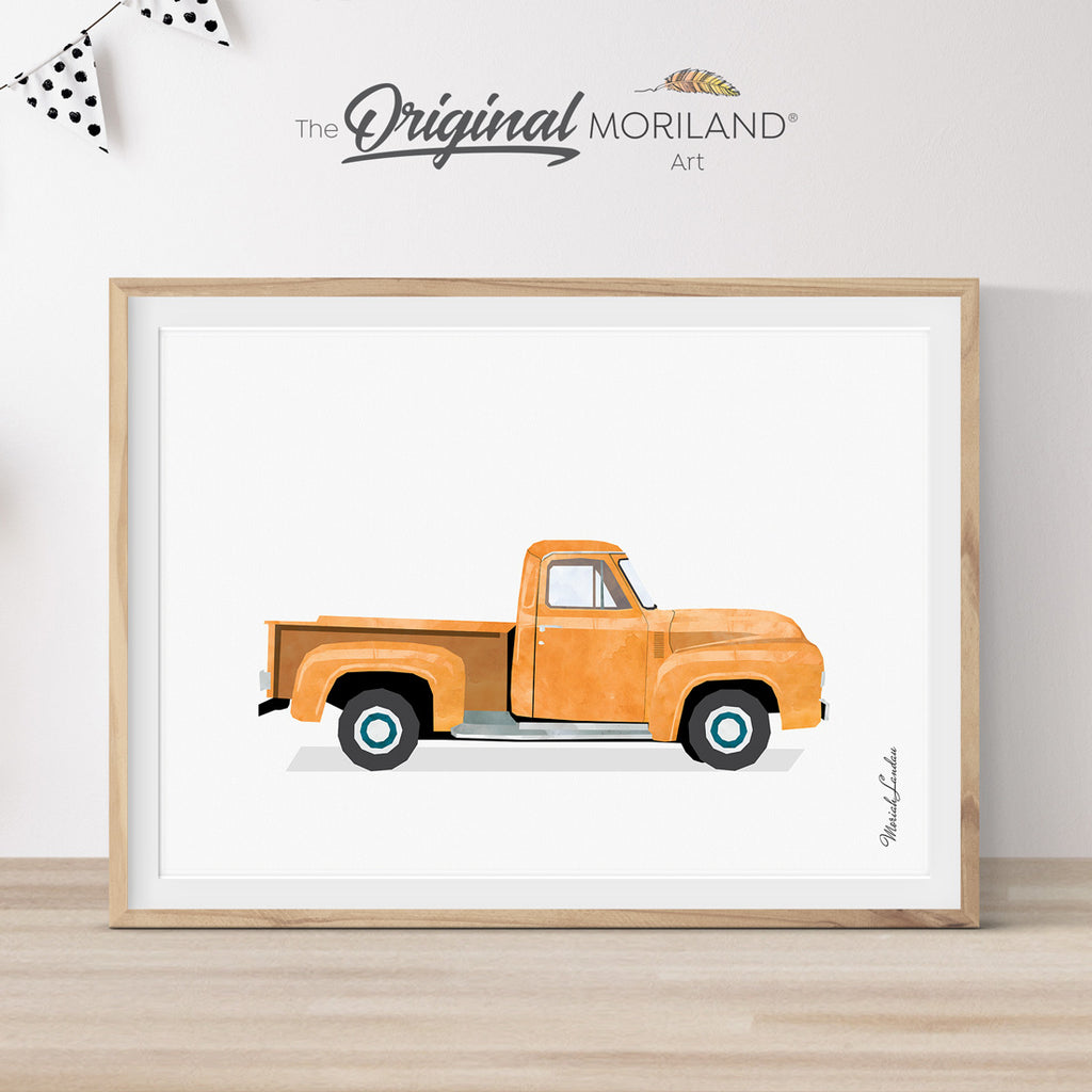 Orange Old Truck Print, Pickup Truck Wall Art, Car Print, Nursery Prints, Car Printable Poster, Toddler, Transportation Art, MORILAND®
