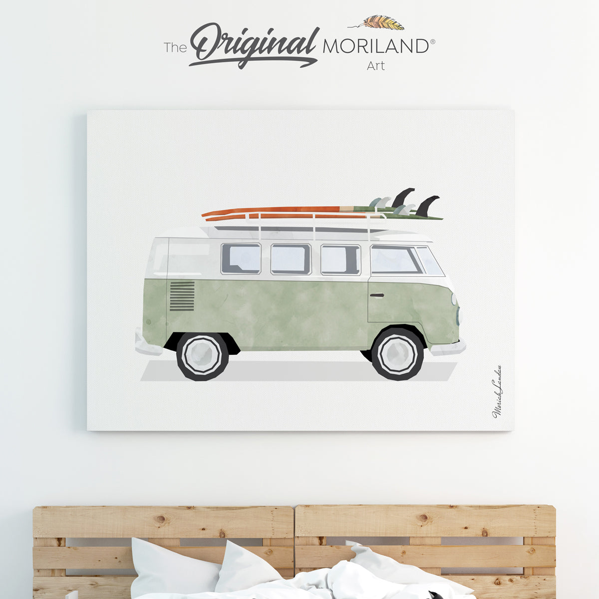 Sage Green Van with Surfboards Canvas Print | Van Print, Classic Car Art, Boys Nursery Decor, Vintage Surf Printable, Girl Boy Room Wall Decor, Bus Decor, Surfboard, Surf Decor, Surfer Girl Wall Decor, Transportation Decor, Vehicle Print, Kids Wall Art by MORILAND
