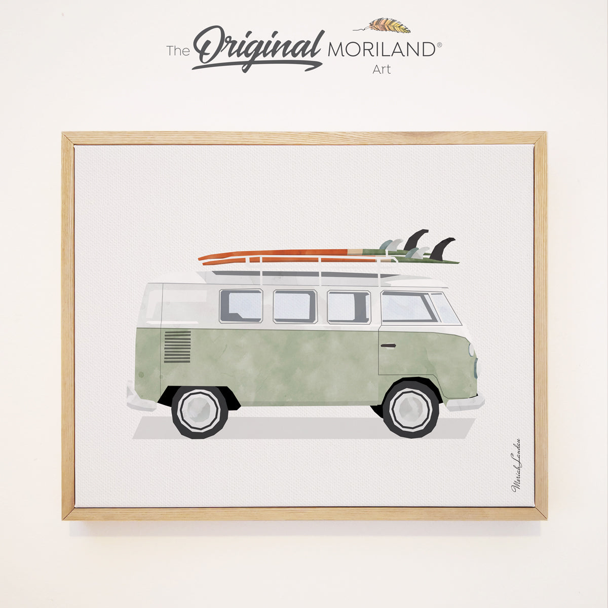 Sage Green Van with Surfboards - Framed Canvas Print | Van Print, Classic Car Art, Boys Nursery Decor, Vintage Surf Printable, Girl Boy Room Wall Decor, Bus Decor, Surfboard, Surf Decor, Transportation Decor, Vehicle Print, Kids Wall Art by MORILAND