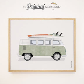 A high-quality framed canvas print featuring a side profile of a classic sage green vintage travel van with two surfboards on a roof rack, perfect for beach-inspired home decor. VW Van