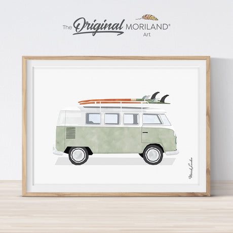 Sage Green VW Van Print, Classic Car Art, Surf Printable, Surf Decor, Surfboard Wall Art, Boy Nursery Decor, Surf Nursery Decor, MORILAND®