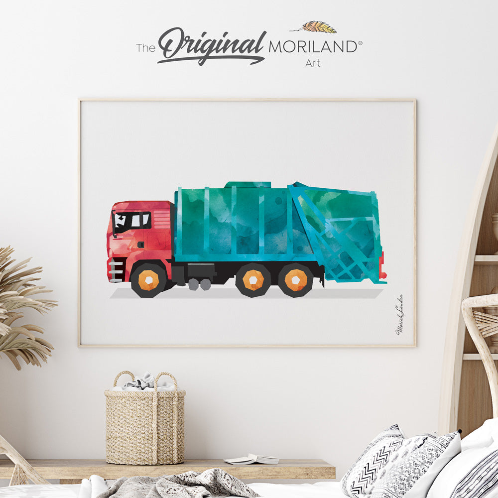 watercolor garbage truck theme bedroom decor by MORILAND