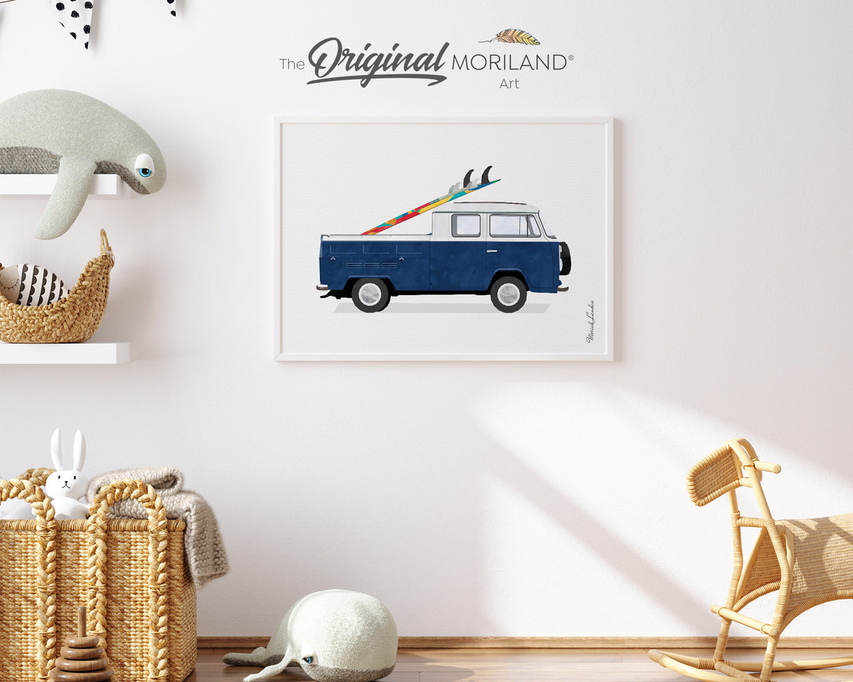 Navy Blue Double Cab Pickup Van with Surfboard Print - Printable Art