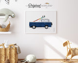 Navy Blue Double Cab Pickup Van with Surfboard Print - Printable Art