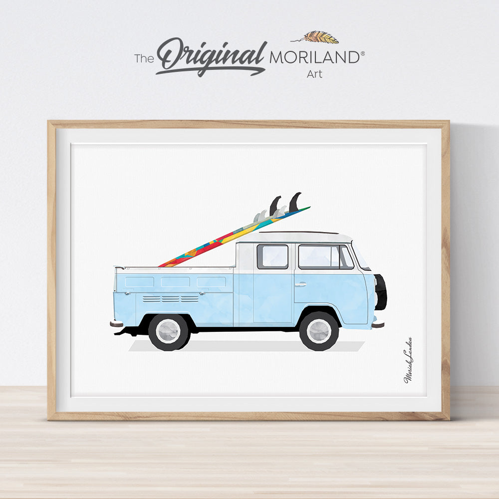 Baby Blue Double Cab Pickup Van with Surfboard Print - Printable Art
