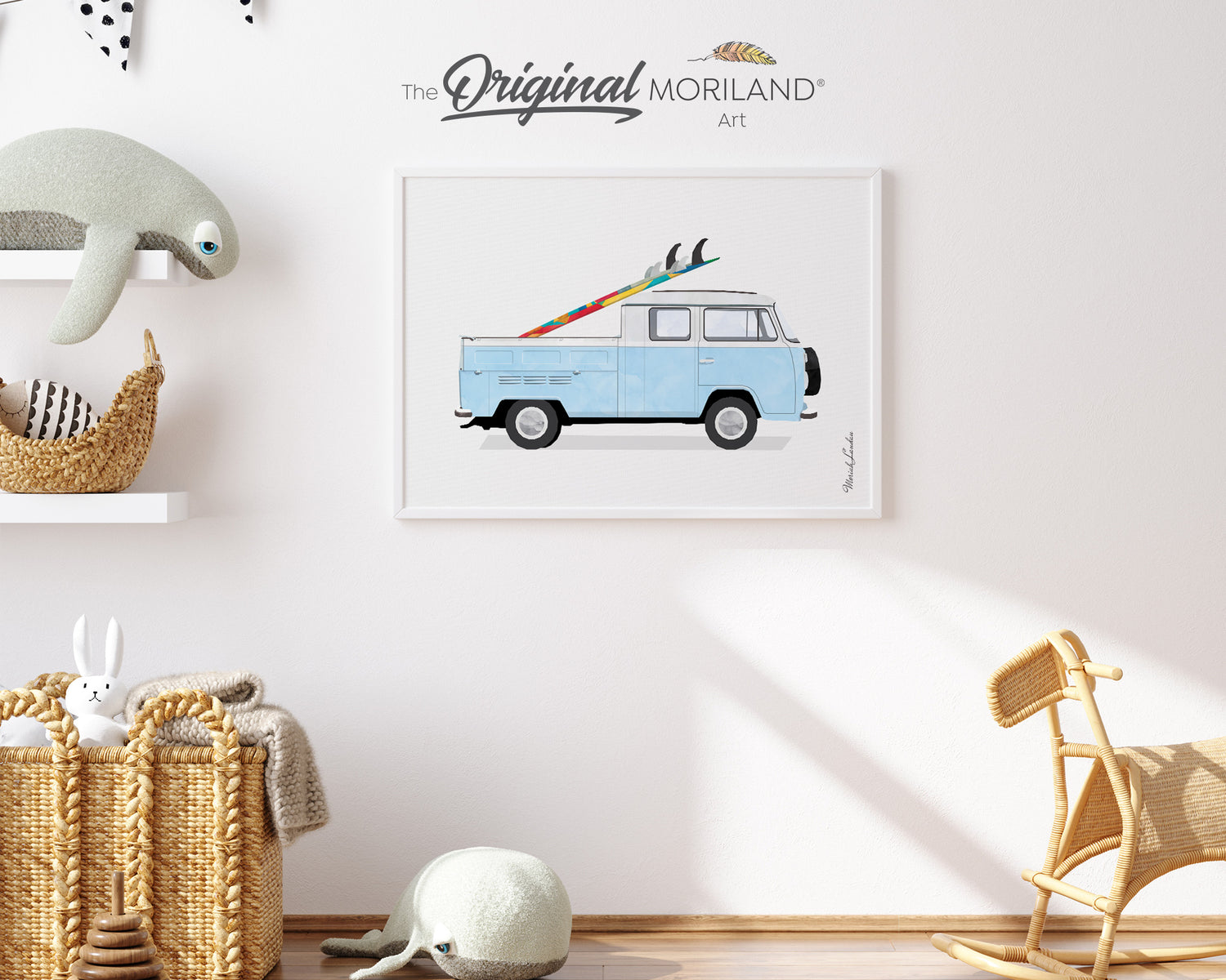 Baby Blue Double Cab Pickup Van with Surfboard Print - Printable Art