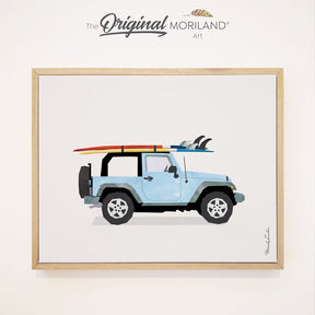 A high-quality framed canvas print featuring a side profile of a baby blue open-top vintage 4WD SUV with a surfboard on top, perfect for coastal home decor. Jeep Wrangler