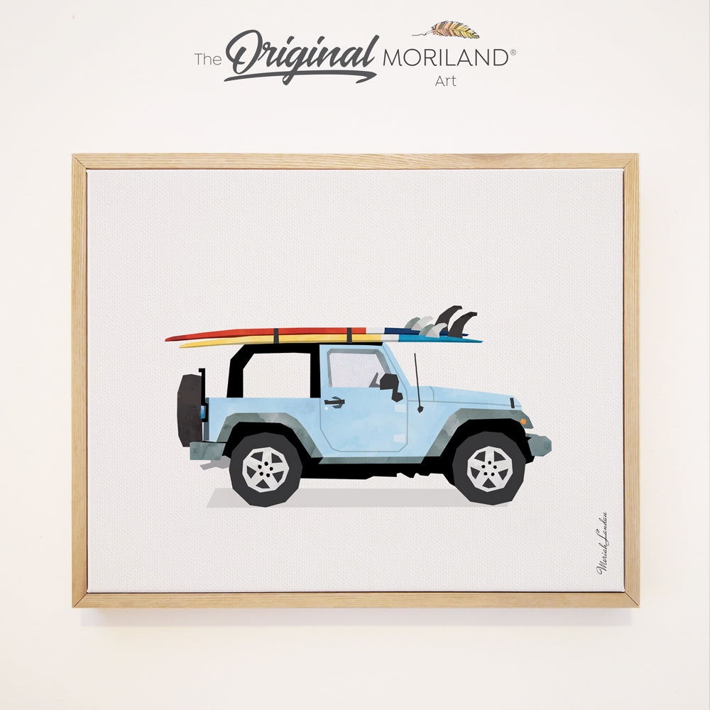 Baby Blue 4WD with Surfboard - Framed Canvas Print | Truck Print, Classic Car Art, Vintage Surf Printable, Girl Boy Room Wall Decor, Surf Decor, Surfboard, Car Print, Transportation Decor, Vehicle Print, Kids Poster by MORILAND