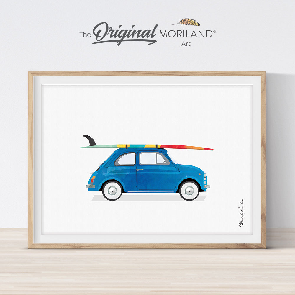 Watercolor Blue Mini Car with Surfboard Print - Printable Art
