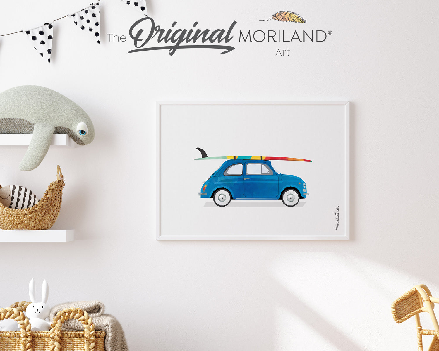 Blue Mini Car with Surfboard Print - Printable Art
