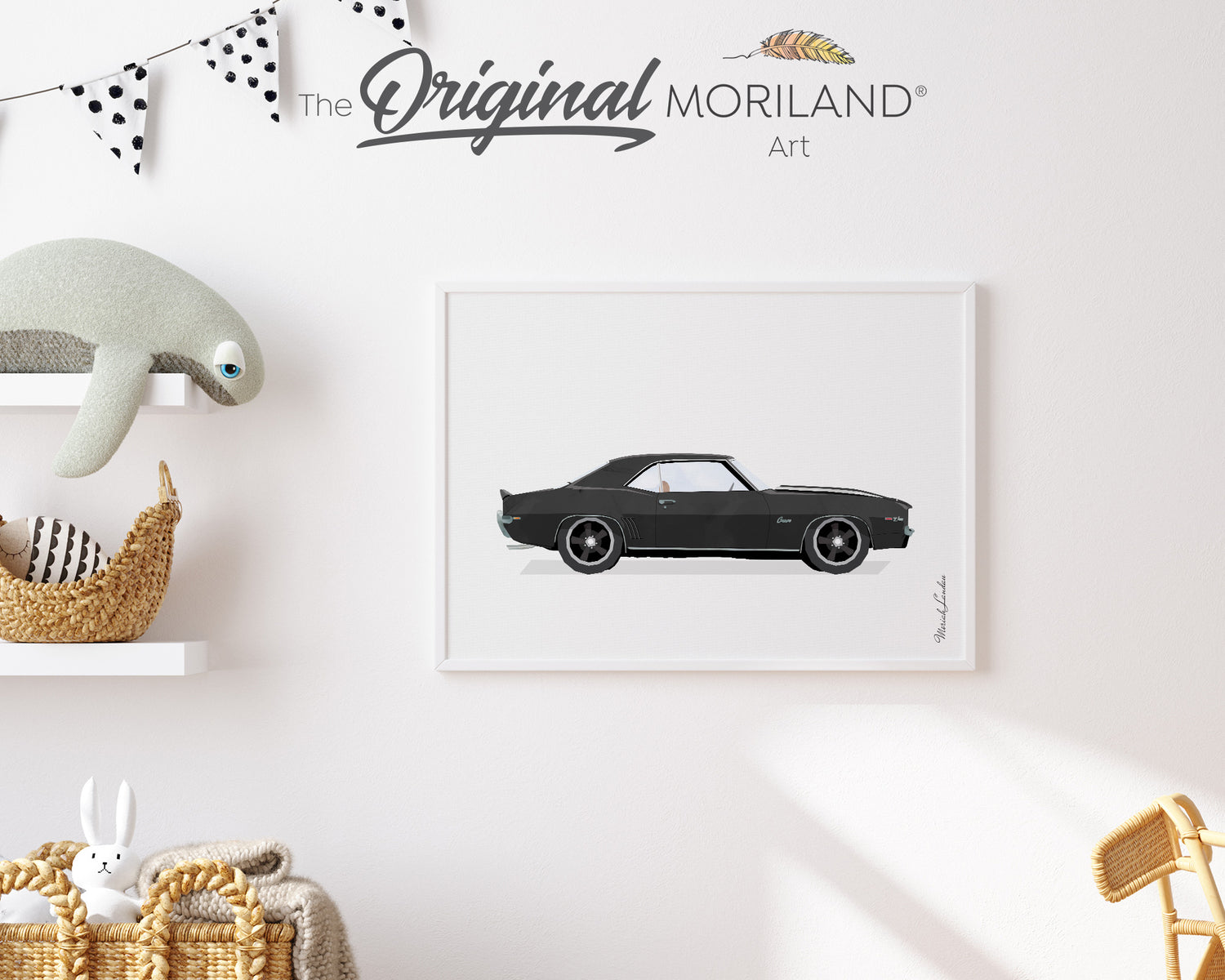 Black Classic Car With White Racing Stripes Print - Printable Art