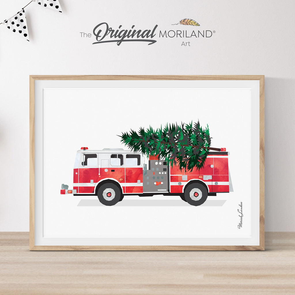 Christmas Fire Truck Print, FireTruck and Christmas Tree Wall Art, Christmas Printable Card, Christmas Decor, Gift for Kids Christmas, Holidays Decorations 