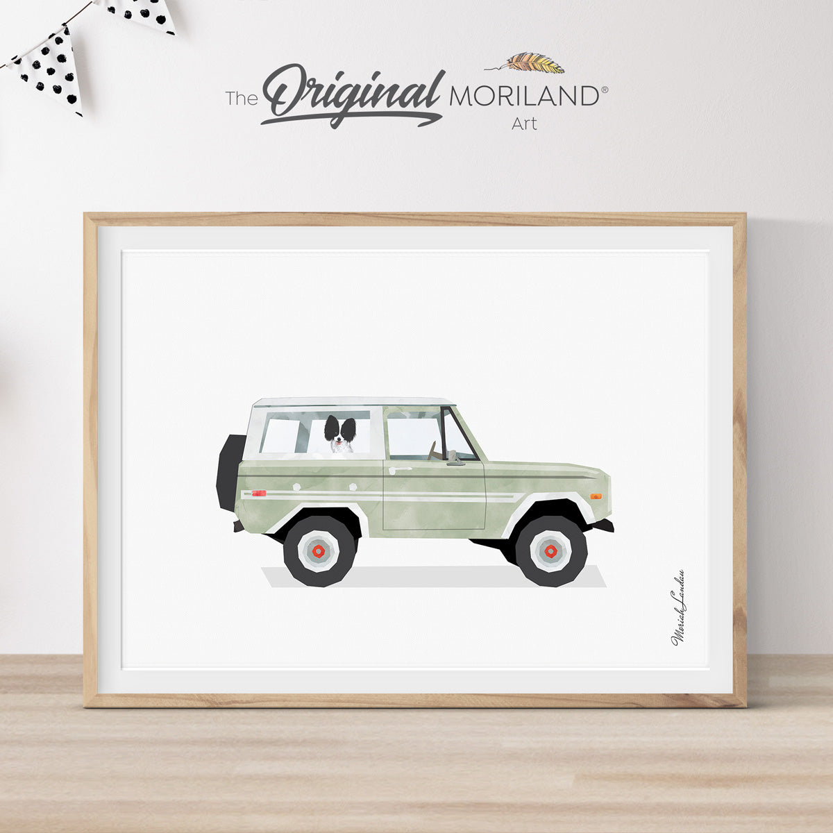 Sage Green Classic Car with Papillon Dog Print - Printable Art