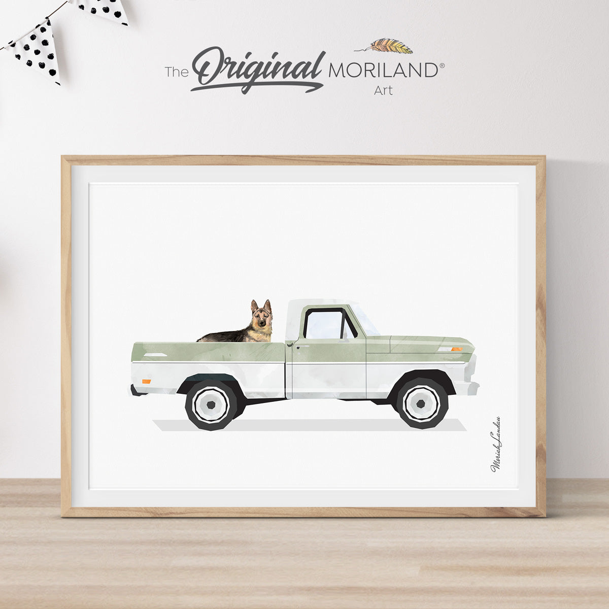 Sage Green Truck with Dog Print, German Shepherd in Pickup Truck Wall Art, Pet Printable Poster, Pet Memorial Gift, Pet Portrait | MORILAND®