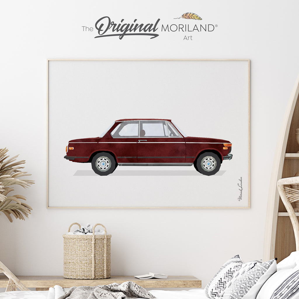Maroon Classic Compact Luxury Car Fine Art Paper Print, Nursery Prints, Car Printable Poster, Dorm Wall Decor, Gift for Father, Toddler Decor, Transportation Art, MORILAND®