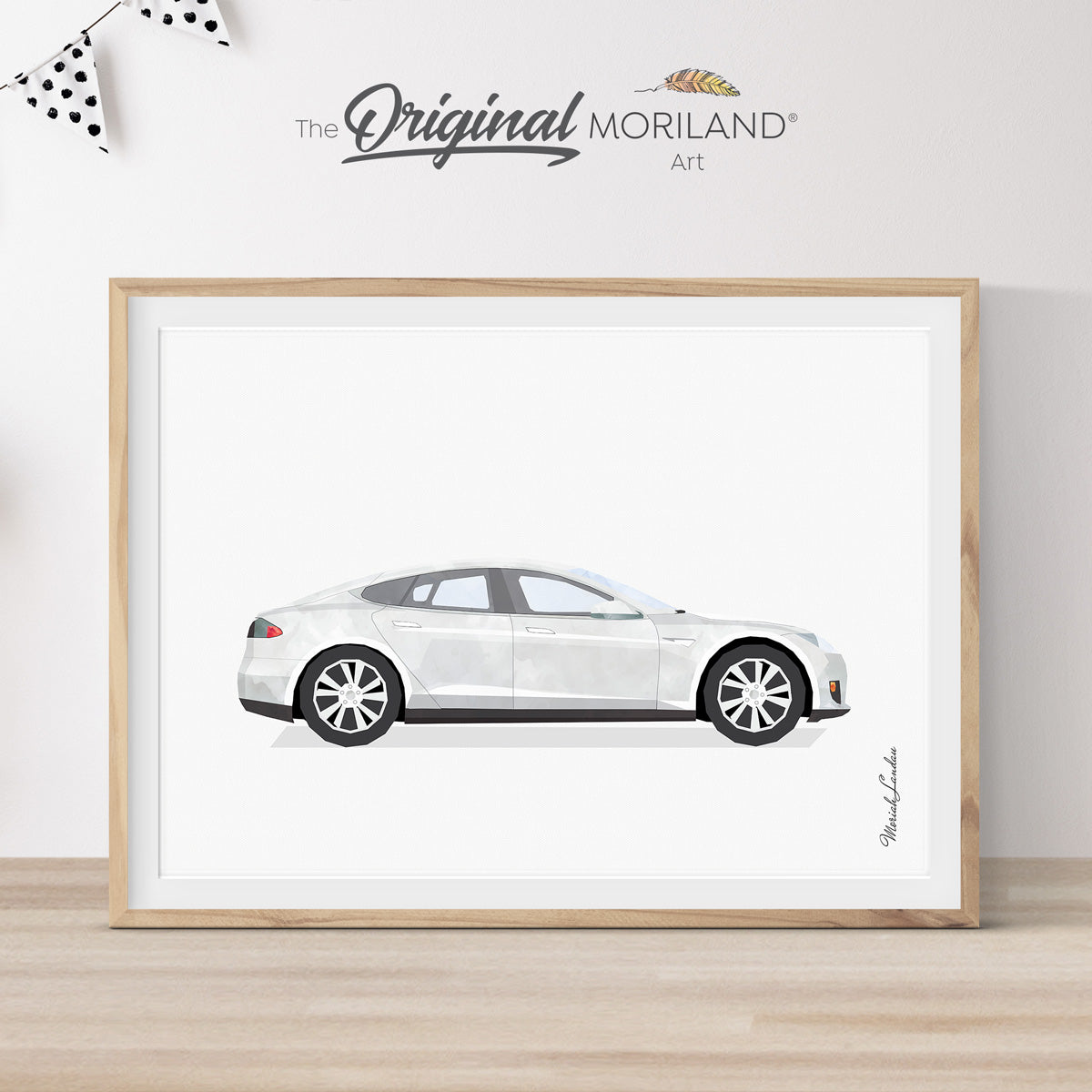 White Electric Car Print - Printable Art, Tesla, Gift for Him