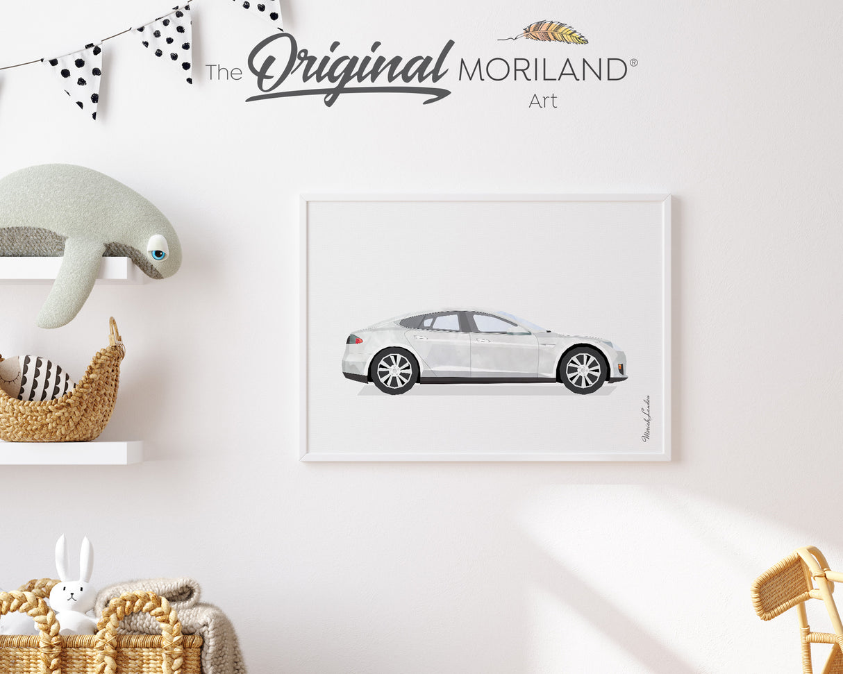 White Electric Car Print - Printable Art