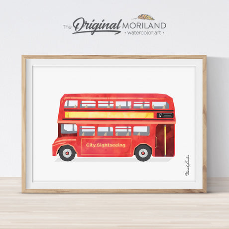 Watercolor Double Decker Red Bus Print for kids room decor by MORILAND