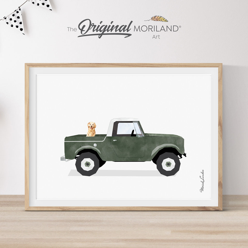 Dark Green Classic International Scout 1964 Truck with Golden Retriever Dog Print - Printable Art, affordable gift for him, fathers day gift idea