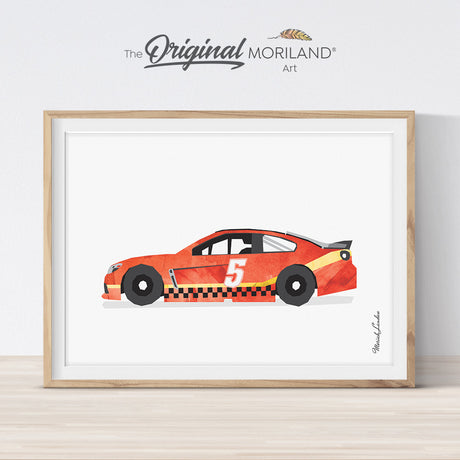 red race car watercolor print for boy bedroom decor