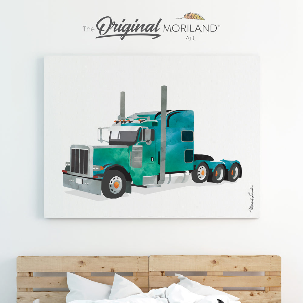 green semi truck canvas print for boy bedroom decor