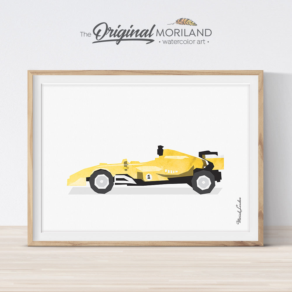 Yellow formula 1 Race Car Wall Art for Big Bog Room Decor