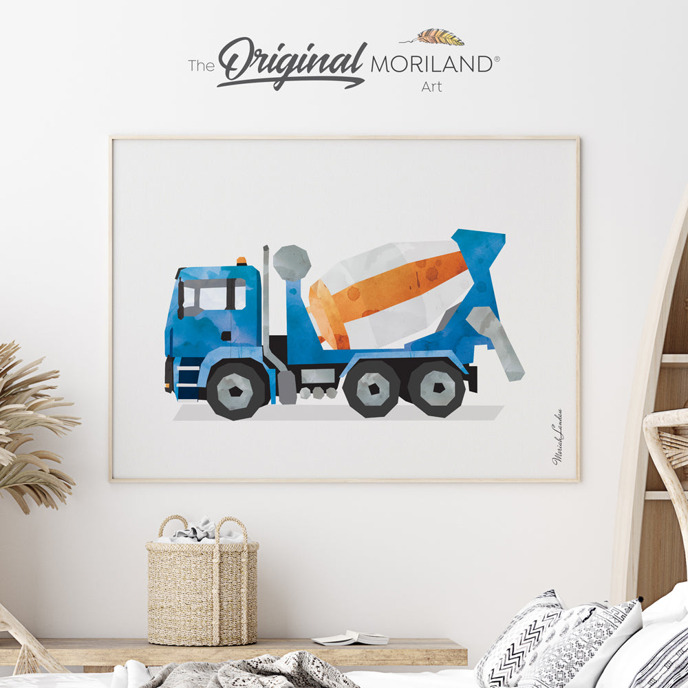 Watercolor cement mixer truck wall art for boy room decor and nursery by MORILAND