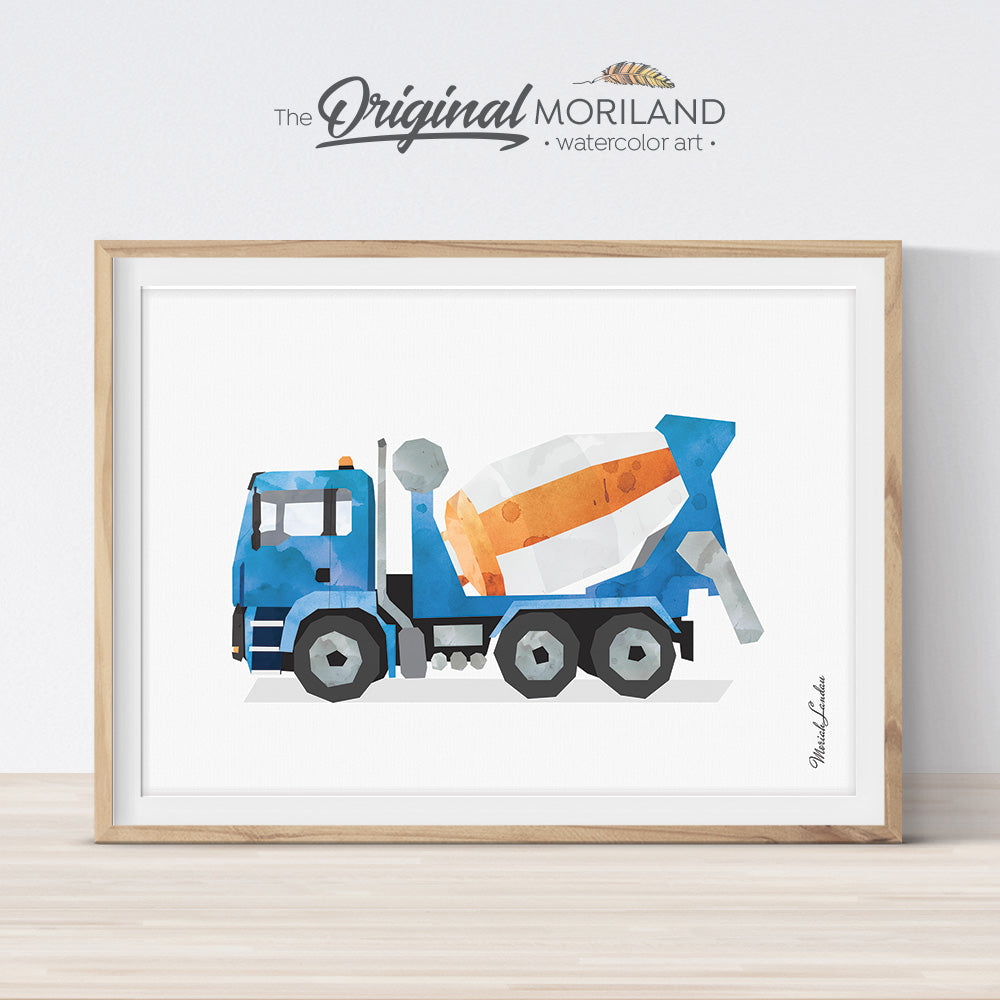 Cement mixer watercolor wall art print for boy room and nursery decor