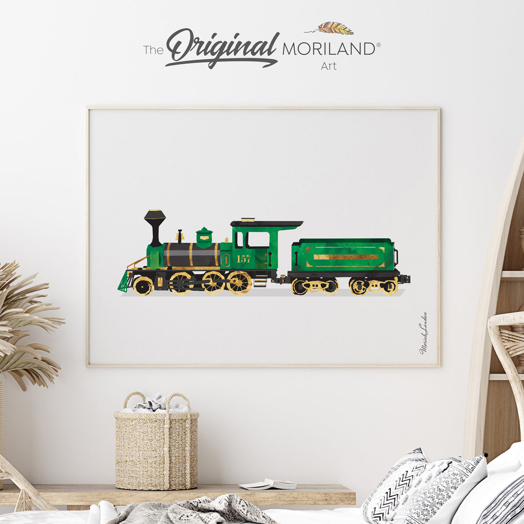 watercolor train locomotive print for boy room decor by MORILAND