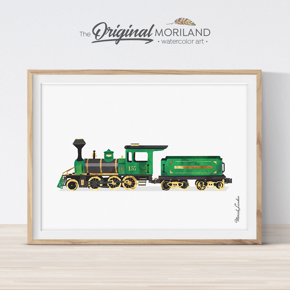 Steam locomotive watercolor wall art print for nursery and boys bedroom decor 