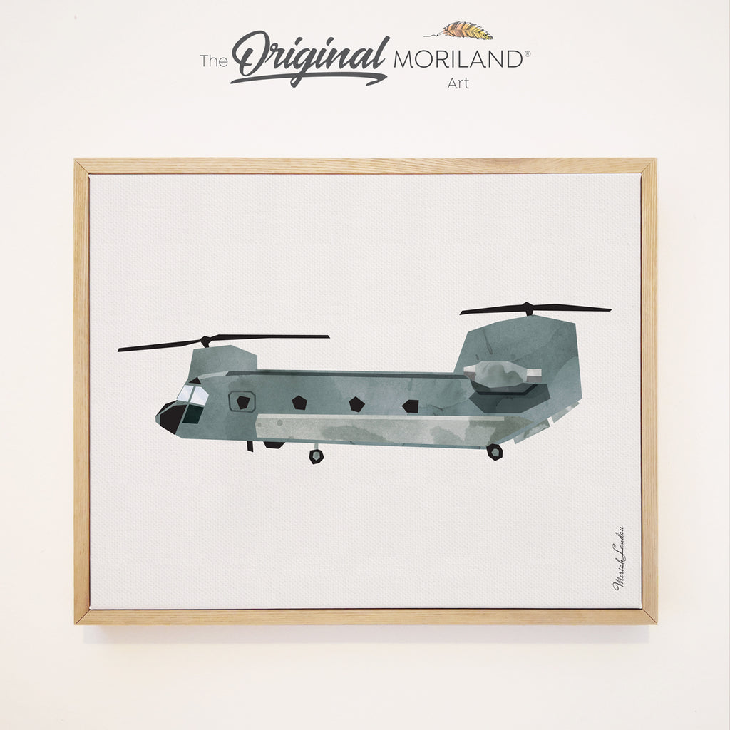 CH-47 Chinook, Gray Army Helicopter - Framed Canvas Print | Helicopter Wall Art, Army Helicopter, Helicopter Print, Big Boys Wall Art, Helicopter Decor, Printable Art, Vehicle Print, Kids Poster by MORILAND