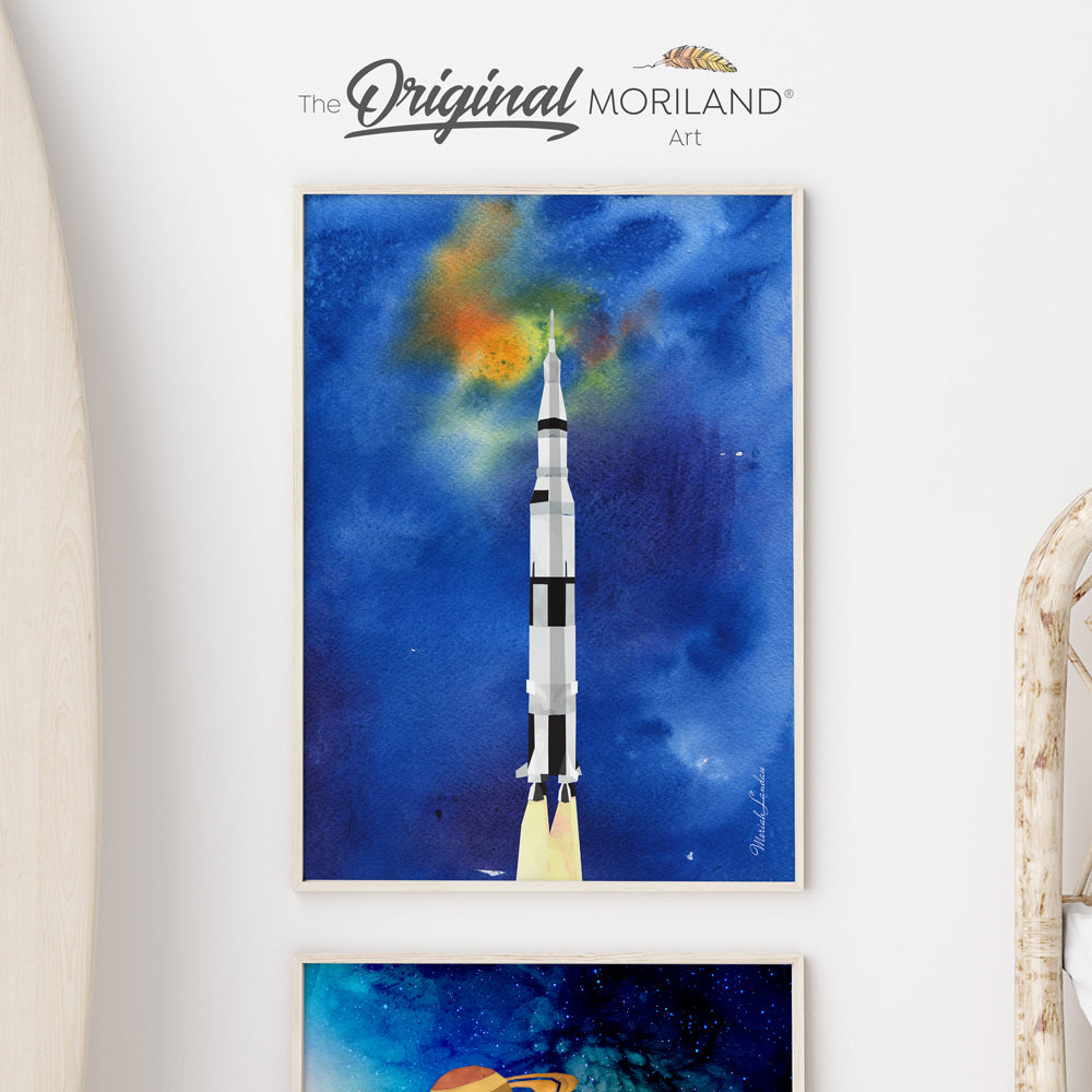 Watercolor Spacecraft Rocket Fine Art Paper Print by MORILAND